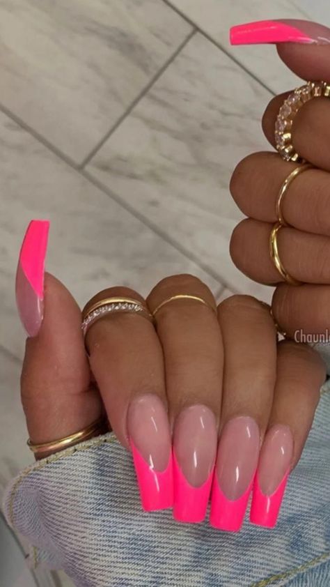 Acrylic Nails For Holiday Summer, Bright Neon Pink Nails, Bright Long Summer Acrylic Nails, Bright Pink French Tip Nails Coffin, Bright Summer Acrylic Nails French Tips, Neon Pink French Tip Nails Square, Bright Pink Summer Acrylic Nails, Holiday Nails Summer Acrylic Long, Pink Nails Acrylic French Tips