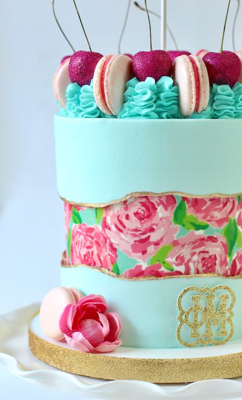 Phi Mu themed birthday cake with a Lily Pulitzer floral design. Fault Line Cake design was used to achieve this look. Fault Line Birthday Cake, Fault Line Cake Design, Fault Line Cake, Tall Cake, Cake Wallpaper, Floral Cakes, Tall Cakes, Edible Image Cake, Buttercream Cakes