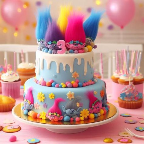 Trolls themed birthday party cake.2 Trolls 2nd Birthday Party For Girl, Trolls 4th Birthday Party Ideas, Poppy Cake Trolls, Trolls Cake Ideas, Poppy Trolls Cake, Trolls Themed Birthday Party, Trolls Birthday Party Cake, Troll Cake, Trolls Birthday Party Ideas