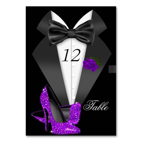 Formal Tuxedo Black Pur Heels Table Number Seating  Zazzle James Bond Party, Purple And Green Wedding, Elegant Birthday Party, Formal Tuxedo, Mens Birthday Party, Tuxedo Black, 70th Birthday Parties, Elegant Birthday, Seating Cards