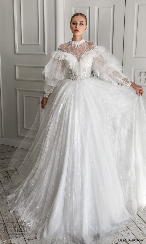 High Neckline Wedding Dress With Sleeves, Ruffle Wedding Dress With Sleeves, Empress Wedding Dress, Wedding Dress Ruffles, Oleg Baburow, Ruffles Wedding Dress, Ruffled Wedding Dress, Wedding Dress With Ruffles, 2022 Wedding Dresses