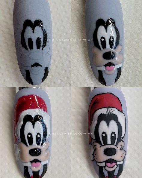 Disney Goofy Nails, Christmas Nails Characters, Disney Christmas Nail Art, Mickey Mouse Christmas Nails, Goofy Nails, Christmas Character Nails, Olaf Nails, Goofy Christmas, Disney Christmas Nails