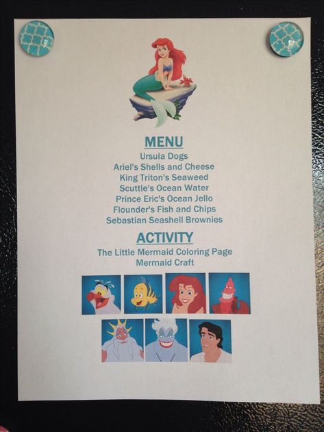 The Little Mermaid Menu - The Little Mermaid Disney Family Movie Night Mermaid Themed Dinner, Disney Movie Nights, Disney Movie Night Menu, Theme Dinners, Disney Themed Movie Night, Disney Movie Night Food, Birthday Dinner Menu, Mermaid Movie, Disney Themed Food