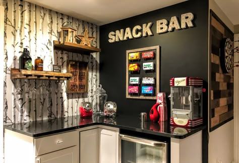 Snack Corner Ideas Home, In Home Concession Stand, Movie Themed Basement Decor, Bar And Snack Area, Corner Snack Bar Ideas, Theater Bar Ideas, Small Snack Bar Ideas Home, Popcorn Machine In Home Decor, Snack Corner Ideas