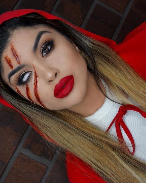 Zombie Red Riding Hood, Red Riding Hood Halloween Makeup, Scary Little Red Riding Hood Costume, Scary Red Riding Hood Makeup, Red Riding Hood Makeup Halloween, Red Riding Hood Costume Makeup, Little Red Riding Hood Costume Couple, Diy Little Red Riding Hood Costume Women, Little Red Riding Hood Makeup