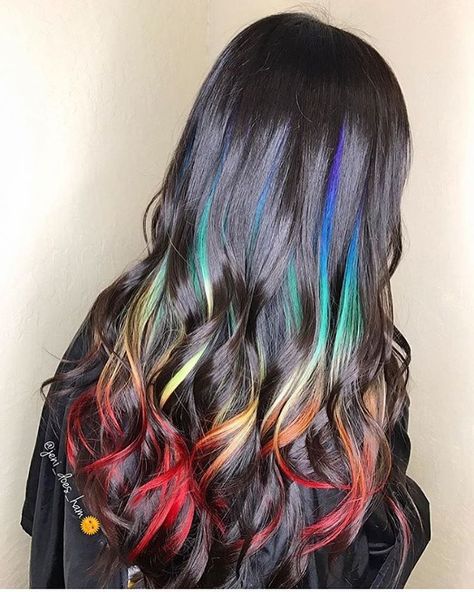 Black Hair Rainbow Underneath, Hair Lowlights, Curly Tips, Hair Rainbow, Cute Hair Colors, Rainbow Hair Color, Neon Hair, Hair Color Streaks, Coloured Hair