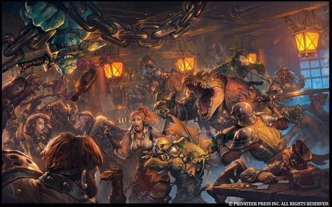 Fantasy Party Art, Fantasy Bar Art, Dnd Waterdeep, Fantasy Bar, Fantasy Tavern, Adventuring Party, Mid 90's, Savage Worlds, City Background