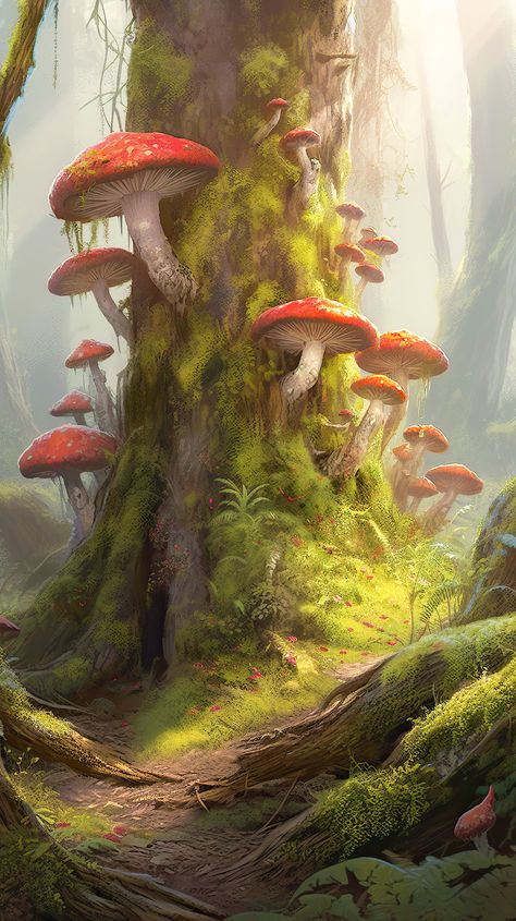 Mushrooms growing out of a mossy tree trunk Mushroom Tree, Fantasy Mushroom, Mushrooms Growing, Mossy Tree, Mushroom Paint, Mushroom Wallpaper, Mushroom Pictures, Mushroom Drawing, Fantasy Forest