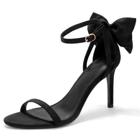 PRICES MAY VARY. 👣【Features】The toe strap is too tight, it is recommended that you take one size or 0.5 size larger than your usual size!Open Toe, microfiber, stiletto, bow tie knot, ankle strap, high heels heeled sandals.The back of the bow decoration design, is a classic and versatile high-heeled sandals! 👣【Design】 Heel Height:3.34" (approx), Platform Measures: 0.25"(approx).The slip-on design is easy to put on and take off.The insole conforms to the natural curve of the foot and provides su Black Wrap Up Heels, Black Heels With Bow On Back, Black Tie Heels, Black Mini Heels, Black Hoco Heels, Black Hoco Dress With Colored Heels, Black Dress Colored Heels, Black Dress With Colored Heels, Black Fancy Heels