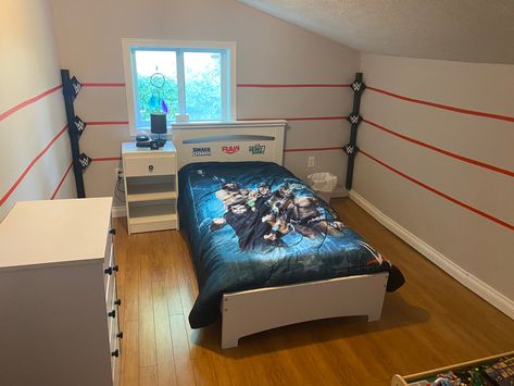 Custom kids WWE wrestling ring bedroom. Wwe Room Ideas Bedroom, Wrestling Room Ideas, Wwe Bedroom Ideas, Wwe Bedroom Decor, Wwe Bedroom, Wrestling Room, Thomas Bedroom, Bailey Wwe, Wwe Ring