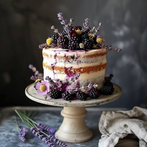 Blackberry Lavender Naked Cake Ingredients: For the Cake: 3 cups all-purpose flour 2 1/2 teaspoons baking powder 1/2 teaspoon baking soda 1/2 teaspoon salt 1 cup unsalted butter, room temperature 2 cups granulated sugar 4 large eggs, room temperature 2 teaspoons vanilla extract 1 cup whole milk, room temperature 1/2 cup sour cream, room temperature 2 cups fresh blackberries For the Lavender Syrup: 1/2 cup water 1/2 cup granulated sugar 2 tablespoons dried culinary lavender For the Buttercream... Blackberry Vanilla Cake, Blackberry Lavender, Purple Food Coloring, Lavender Cake, Cream Room, Culinary Lavender, Lavender Syrup, Summer Baking, Fair Food