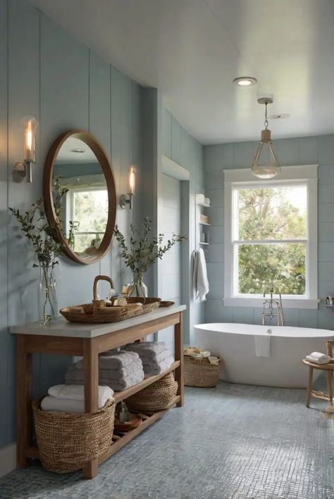 Eggshell Blue Bathroom, Lake House Bathroom Paint Colors, Bath In Window, Master Bathrooms Colorful, Color Combinations For Bathrooms, Blue Tone Bathroom, Large Bathroom Color Ideas, Coastal Bathroom Vanity Ideas, Blue Gray Paint Colors Bathroom