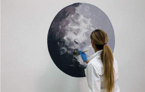 Colorfully, BEHR :: DIY: Moon Mural Moon Wall Painting, Chevron Tutorial, Moon Mural, Paint Mural, Diy Moon, Project Moon, Moon Silhouette, Space Themed Nursery, Space Bedroom