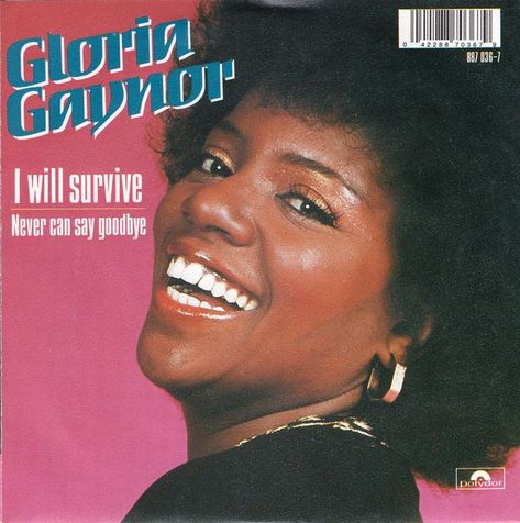 A medium-dark pink album cover with a macro shot of Gloria Gaynor's smiling face. She is looking over her shoulder at the camera and wearing a black shirt, gold necklace and gold hoop earrings. Blue text reads: Gloria Gaynor with white subtext I will survive - Never can say goodbye I Will Survive Gloria Gaynor, Gloria Gaynor, I Will Survive, 1970s Music, February 22, Say Goodbye, Music Poster, 16 9, Season 1