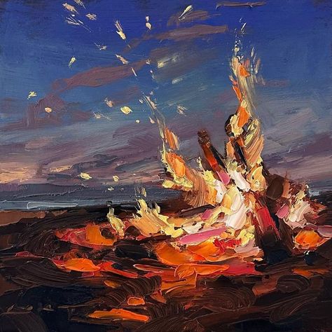 Chris Long on Instagram: "Driftwood Beach Fire 6”x6” Oil on wood panel Available originals can be found on my website: chrislongpainter.com (link in profile) . #campfire🔥 #artistsoninstagram #contemporaryart #longpainter #abstractlandscape #allaprima #dailypainter #oilpainting #landscapepainting #artoftheday #dailypainting #nocturnepainting" Fire Pit Painting, Painting Campfire, Fire At The Beach, Fire Oil Painting, Campfire Painting, Fire Paintings, Igcse Art, Alevel Art, Chris Long