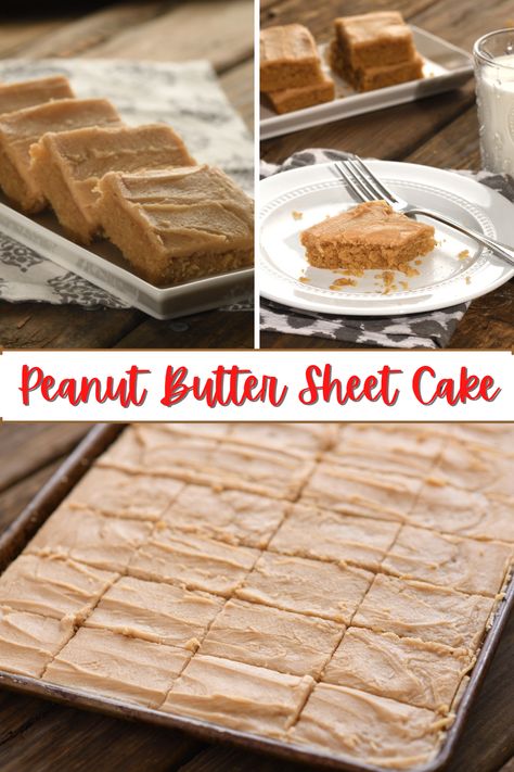 Old fashioned peanut butter sheet cake with peanut butter fudge frosting, cut into squares. These bars are moist and dense and made with simple ingredients like peanut butter, buttermilk, eggs, and flour. School Cafeteria Peanut Butter Cake, Cake Mix Peanut Butter Bars, Potluck Cake, Peanut Butter Fudge Frosting, Cake Traybake, Easy Peanut Butter Cake, Peanut Butter Fudge Cake, Butter Cake Bars, Peanut Butter Coffee