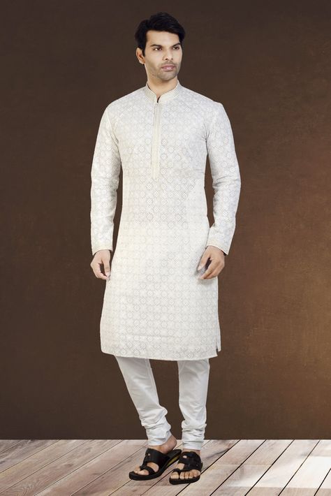 Stylish lucknowi chikanakari foil embroidery work Fabric:-georgette cotton astar inside White Lucknowi Kurta, Lucknowi Kurta For Men, Kurta Pajama Men Wedding, White Kurta Men, Panjabi Design, Pakistani Kurta Designs, Men's Kurta Pajama, Lucknowi Kurta, Embroidery Kurta