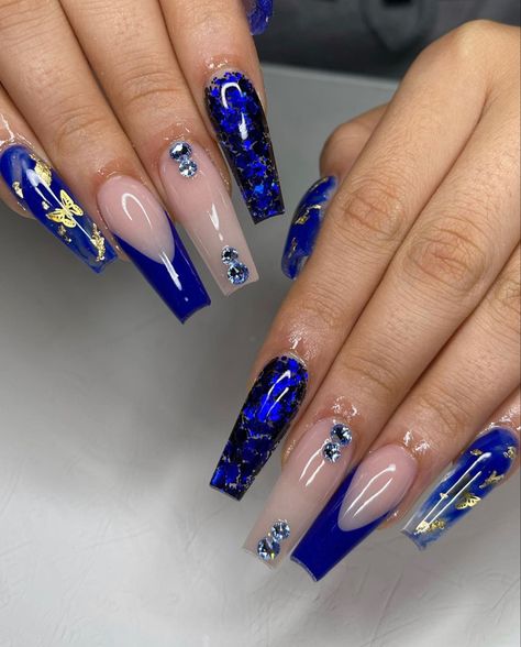 Gold Nails Square Short, Royal Blue And Gold Prom Nails, Royal Blue With Gold Nails, Blue White And Gold Nails, Royal Blue And Gold Nails For Quince, Royal Blue And Gold Acrylic Nails, Royal Blue Nails With Butterflies, Royal Blue And White Nails, Royal Blue And Gold Nails