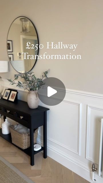 Sophie Higgs on Instagram: "BUDGET HALLWAY TRANSFORMATION🤍 Wall panelling and paint can make such a difference to a space and is the perfect way to give a room an affordable makeover   This transformation on our hallway walls cost us £250, we did the panelling ourselves using dado and moulding then painted the top half of the walls a soft neutral colour and painted the panelling white for a subtle contrast   Have a lovely day Sophie 😘  Panelling @bandq_uk  Paint on top half of walls @valsparpaintuk  Paint on bottom half of walls @duluxtrade   #interiortransformation #roomtransformation #diyhomedecor #interiordesign #hallwaytransformation #hallwaymakeover #panelling #wallpanelling #affordablehomedecor #hallwayinspo" Neutral Living Room Dado Rail, Hallway Panels Ideas, White Living Room Paneling, Panelling Same Colour As Walls, Cream Panelling Hallway, Panelling With Dado Rail, Long Hallway Panelling, White Panelling Hallway, Panelled Entrance Hall