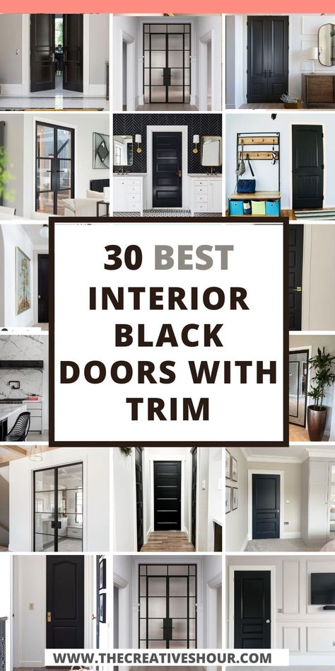 Transform Your Home with Interior Black Doors with White Trim: Discover how interior black doors with white trim can add a touch of elegance and contrast to your hallway. Learn how to pair them with grey walls paint colors and dark wood floors for a modern farmhouse look. Black Door Bedroom Ideas, Black Painted Doors And Trim, White Walls With Black Doors And Trim, Painted Black French Doors Interior, Wood Floor Black Furniture, Black And White Trim Interior, Painting Black Doors Interior, Black Interior Doors With Wainscoting, Black Door Grey Walls