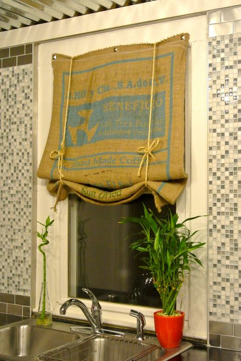 Diy Kitchen Curtains, Burlap Drapes, Burlap Window Treatments, Coffee Bean Sacks, Burlap Coffee Bags, Burlap Valance, Coffee Bean Bags, Custom Valances, Coffee Sacks