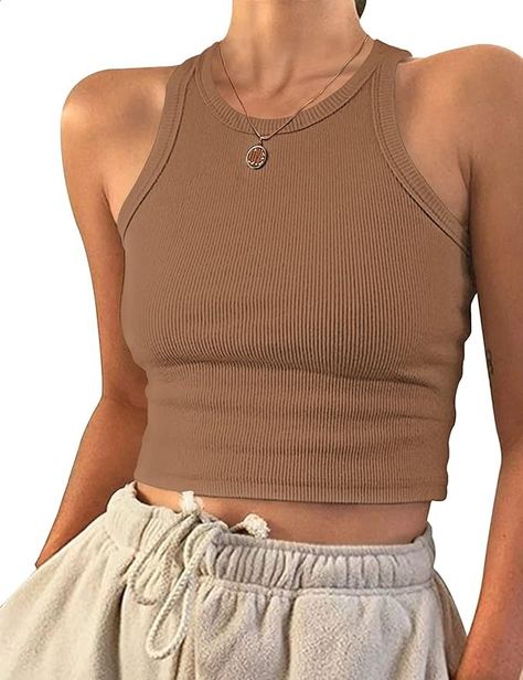 Solid Crop Tank Top, Summer Wear For Women, Brown Crop Top, Colorful Crop Tops, Brown Outfit, Summer Crop Tops, Top For Summer, Crop Tank Top, Summer Tank Tops