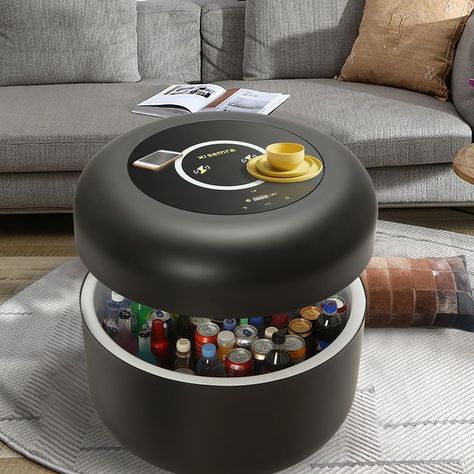 amazing smart table with bluetooth speaker, cooling fridge, wireless charging, LED accent light, portable with castors for outdoor & indoor use!!! Round Table Living Room, Gadget Tecnologici, Smart Fridge, Smart Table, Smart Refrigerator, Pot Lid Organization, Mini Refrigerator, Cool Gadgets For Men, Built In Refrigerator