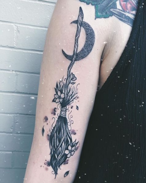 Witch Tattoo Witch Wand Tattoo, Witchy Broom Tattoo Ideas, Witch Broom Tattoo Design, Witchy Broom Tattoo, Broom Tattoo Witch, Wicked Tattoo Ideas, Witches Broom Tattoo, Salem Tattoo Ideas, Witch Broom Tattoo