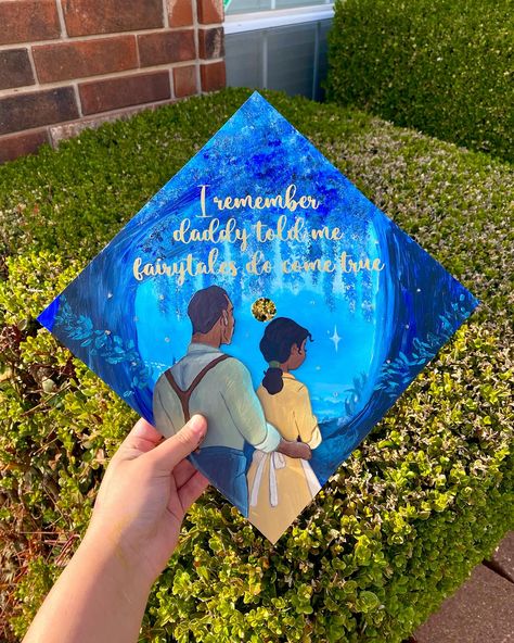 A different take on the iconic Tiana Grad Cap! Check out my latest reel for the process 💙🎓 Still booking for April and May! #princessandthefrog #advbellecaps #gradcapideas #gradcapdesign #classof2024 Princess Tiana Graduation Cap Designs, Tiana Princess And The Frog Grad Cap, 1st Generation Grad Cap, Tiana Grad Cap, Im Almost There Tiana Graduation Cap, Tiana Graduation Cap, Grad Cap First Generation, First Generation Graduation Cap, Graduating Early