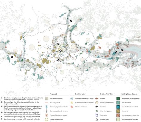 Greater London Agriculture by Tim Rodber and Dominic Walker is the urban scale winner in Rethink 2025 | RIBAJ Ucl University, Urban Mapping, Preventive Healthcare, Bartlett School, Bartlett School Of Architecture, Urban Analysis, Data Map, Scale Map, Architecture Presentation Board