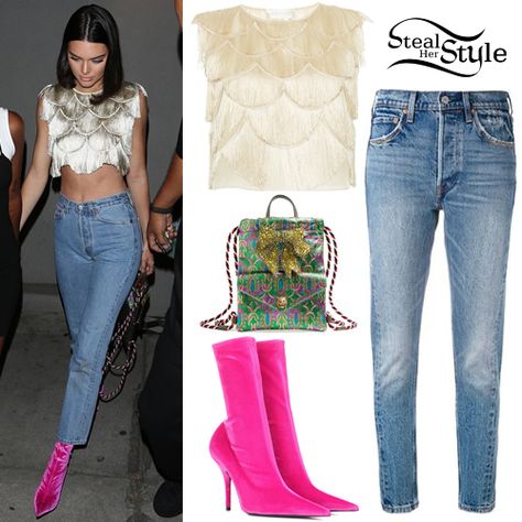 Kendall Jenner was spotted leaving Khloe Kardashian‘s surprise birthday party on Sunday night in West Hollywood wearing Alberta Ferretti Scalloped Fringe Silk Top ($1,600.00), Levi’s 501 Skinny Jeans ($148.00), a Gucci Crystal Bow Brocade Backpack ($1,790.00) and Balenciaga Knife Velvet Boots ($995.00). You can find similar boots for less at Ego ($53.99). Pink Booties Outfit, Pink Boots Outfit, H.e.r Style, Pink Booties, Outfit Botas, Neon Outfits, Booties Outfit, Pink Boots, Kendall Jenner Outfits