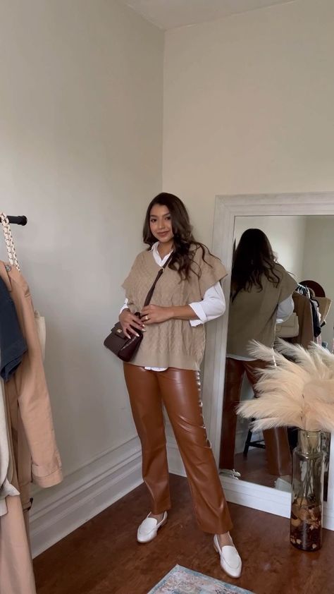 Sweater Vest With Leather Pants, Brown Vest Sweater Outfit, Brown Leather Pants Cream Sweater, Leather Pants Flannel Outfit, Leather Pants Thanksgiving Outfit, Light Brown Leather Pants Outfit, How To Style Brown Leather Pants, Beige Dress Pants Outfit, Beige Leather Pants Outfit