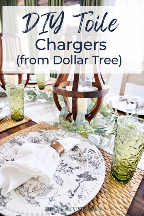 DIY Toile Chargers from Dollar Tree - The Latina Next Door Make A Tablecloth, Charger Plates Diy, Dollar Tree Plates, Diy Place Settings, Charger Ideas, Dollar Store Christmas Decorations, Diy Chargers, Napkin Rings Diy, Diy Napkins