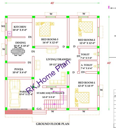 3 Bhk House Plan, Indian House Exterior Design, South Facing House, House Plan Design, Indian House Plans, Little House Plans, Building Plans House, Room Details, Building House