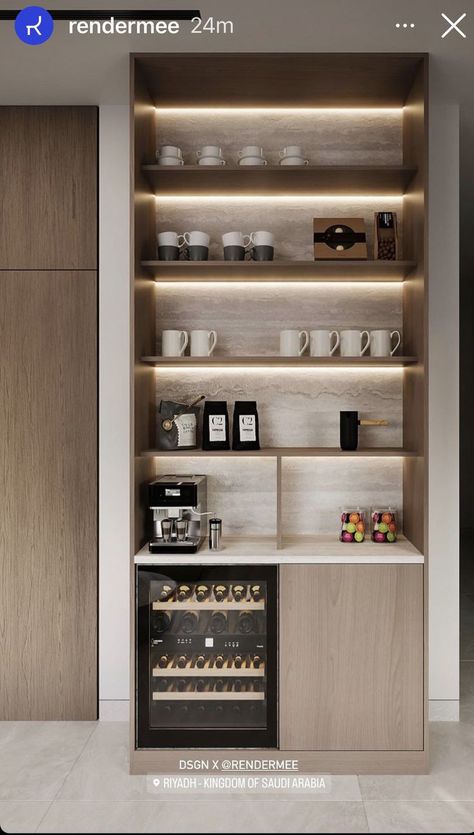 Bar Niche Ideas, Mini Bar Living Room, Kitchen Niche Ideas, Built In Coffee Station, Closet Coffee Bar, Bar Kitchen Design, Small Bar Ideas, Built In Coffee Bar, Kitchen Upstairs