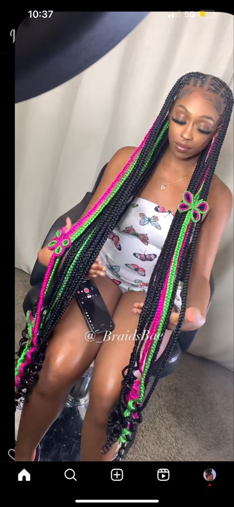 Pink And Green Braids, Color Braids, Butterfly Braid, Hair Glue, Coloured Hair, Protective Hairstyles Braids, Fulani Braids, Pretty Braided Hairstyles, Slick Hairstyles