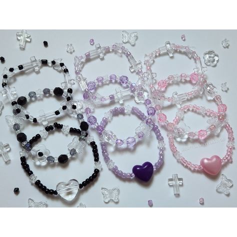 ♥Sweet Wishes ~ 3 Bracelet Set ~♥ ❀Set includes 3 different bracelets in your choice of Black, Purple, or Pink ❀Handmade with a mix of plastic, acrylic, and glass beads on clear stretch cord ❀All bracelets are approx. 7 inches in size ❀Cute for wearing on your wrist or putting in a ring binder! ❀Crafted in a pet free and smoke free environment ♥My shop offers flat rate shipping for all the items in your order!♥ | Sweet Wishes ~ 3 Bracelet Set ~ Beaded Cute Girly Stack Alt Yume Kawaii Pink And Purple Beaded Bracelet, Friendship Bracelets Flat Beads, Pink And Purple Bracelet, Purple Bracelet Ideas, Shoujo Life, Rice Bead Bracelet, Black Alt, Kawaii Bracelet, Bracelets Stack