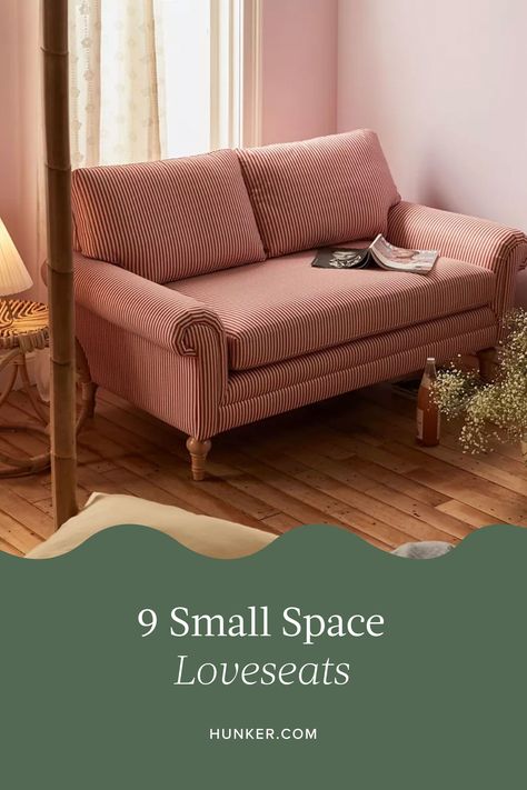 We rounded up the best loveseats for small spaces that offer everything from minimalist style to tufting to colorful upholstery. #hunkerhome #loveseat #smalllivingroom #smalllivingroomideas #smalllivingroomsofa #smalllivingroomloveseat Pink Loveseats For Small Spaces, Loveseats For Small Spaces Bedroom, Small Sofa Bedroom, Seating Small Spaces, Loveseat In Office, Small Loveseat Living Room, Cute Loveseat, Loveseat With Storage, No Sofa Living Room Ideas Small Spaces