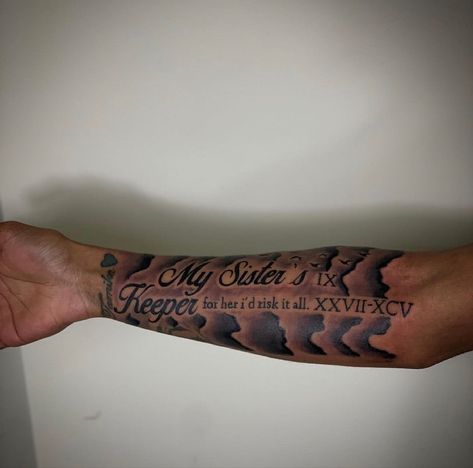 Forearm Tattoo Shading, Rip Tattoos For Brother Sleeve, Forearm Tattoo With Clouds, My Sisters Keeper Tattoo Men, Name With Clouds Tattoo, Forearm Cloud Tattoo For Men, Clouds And Birds Tattoo, Raw Tattoo Design For Men, Forearm Name Tattoo Men