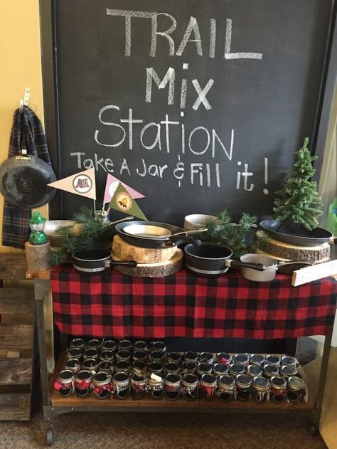 Mix Station from a Rustic Camping Birthday Party via Kara's Party Ideas | KarasPartyIdeas.com (38) Trail Mix Station, Flannel Party, Indoor Camping Party, 4de Verjaardag, Indoor Camping, Lumberjack Birthday, Lumberjack Party, Camping Theme Party, Retro Camping