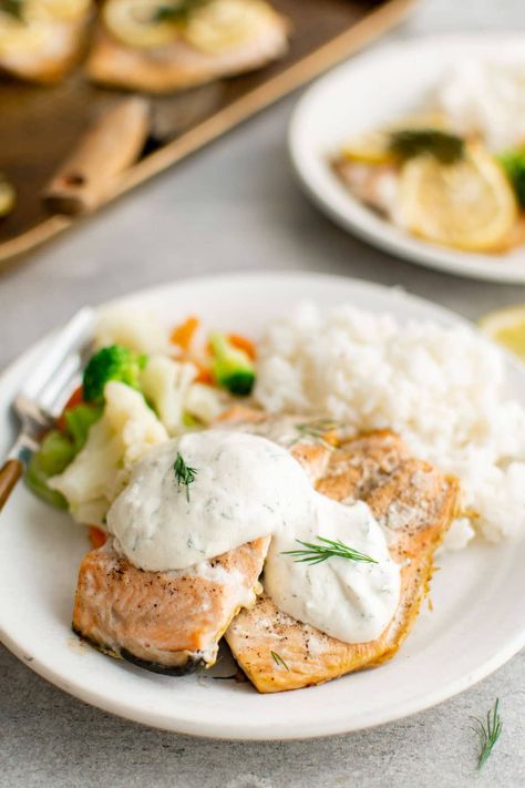 Baked Salmon With Dill, Salmon With Dill Sauce, Creamy Lemon Dill Sauce, Grilled Salmon Kabobs, Salmon With Dill, Salmon Foil Packets, Dill Sauce For Salmon, Lemon Dill Sauce, Creamy Dill Sauce