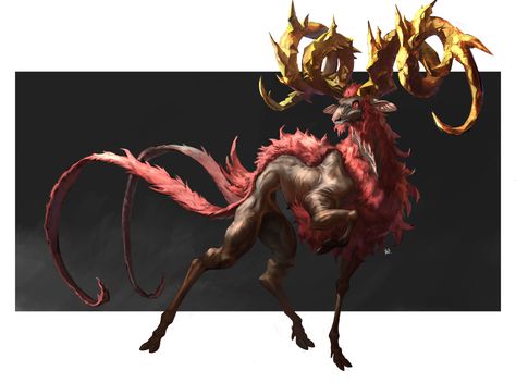 ArtStation - a lava mountain goat, JE SONG Fantasy Goat Creature, Goat Creature Design, Goat Monster Art, Goat Fantasy Art, Goat Dragon, Goat Monster, Mountain Monsters, Wild Shape, Goat Art