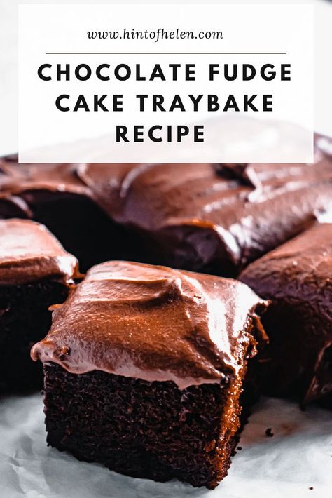 This chocolate fudge cake tray-bake is my go-to chocolate dessert. The sponge is rich, dark, Chocolate Fudge Cakes, Chocolate Tray Bake Recipes, Traybake Dessert Recipes, Cupcake Tray Recipes, Chocolate Cake Tray Bake, Tray Bake Cake Recipes, Easy Chocolate Baking Recipes, Tray Bake Recipes Sweets, Easy Chocolate Fudge Cake Recipe