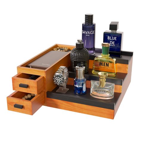 PRICES MAY VARY. 𝟏𝟎𝟎%𝐖𝐎𝐎𝐃：The cologne organizer for men is made of high quality natural wood to ensure durability and stability over the long term, with rubber foot pads on the bottom of the cologne Stand to prevent scratches and provide additional stability. Safe and non-toxic, can be used for a long time. 𝟐-𝐃𝐑𝐀𝐖𝐄𝐑：The cologne organizer for men has two drawers and a display lattice at the top left, providing plenty of space to store and organize your cologne collection. A cologne Cologne Organizer For Men, Cologne Display, Cologne Organizer, Cologne Storage, Perfume Stand, Perfume Organizer, Cologne Collection, Perfume Organization, Man Black