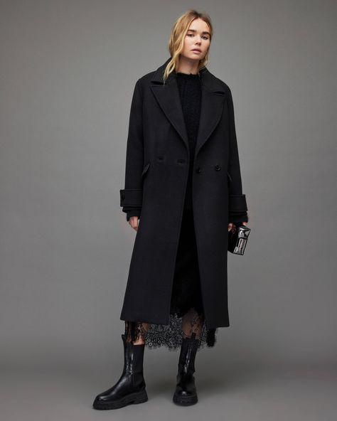 Mabel Oversized Wool Blend Coat Black | ALLSAINTS Black Dress And Boots, Wool Coat Outfit, Mode Mantel, Trench Coat Outfit, Long Black Coat, Coat Trends, Long Coat Women, Wool Trench Coat, Maxi Coat