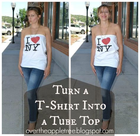 Thrift store t-shirt into summer tube top! Diy Tube Top, Jumpsuit Diy, Cut Shirt Designs, Summer Tube Top, Apple Shirt, Diy Clothes For Women, Summer Tube, Shirt Makeover, Summer Top Pattern