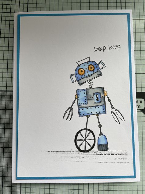 Paperartsy robot card Robot Cards Handmade, Robot Card, Robot Cartoon, Alcohol Markers, Stamped Cards, Rubber Stamp, Rubber Stamps, Black Grey, Stamp Set