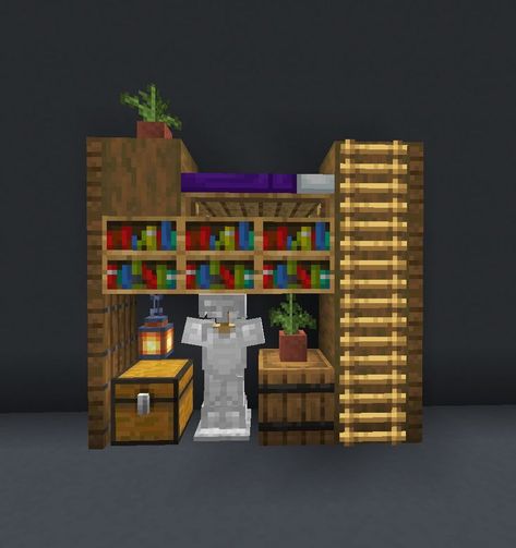 Small and easy Minecraft building idea for a bunk bed and storage area. Decorated with potted plants and bookshelves. Add this simple Minecraft project to your base today! #minecraft Small Bed Design Minecraft, Simple Minecraft Build Ideas, Bedroom Ideas For Small Rooms Minecraft, Small Bed Minecraft, Small Bedroom Minecraft Ideas, Minecraft Bunk Bed Designs, Minecraft Small Room Designs, Minecraft Small Bed Ideas, Small Bedroom Ideas Minecraft