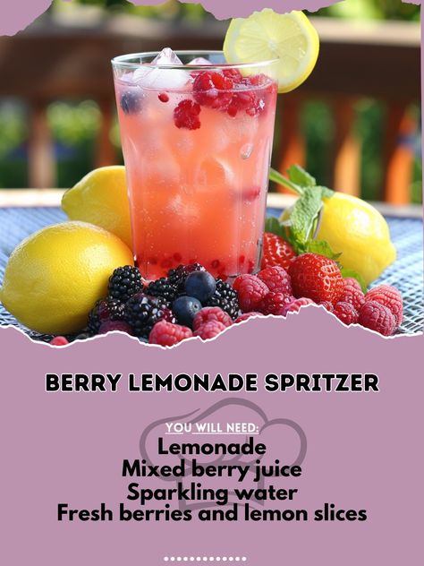 Lemonade Spritzer, Berry Lemonade, Alcohol Beverages, Myrtle Beach Vacation, Yummy Alcoholic Drinks, Lemon Slices, Berry Juice, Cocktail Drinks Recipes, Drinks Recipes