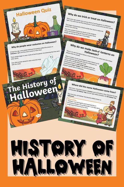 If you're looking for a fun and interactive way to present the history of Halloween for kids, then our fantastic History of Halloween PowerPoint is just what you're looking for! It covers the historical origins of the holiday in the old Celtic celebration of Samhain and its evolution into the modern holiday of Halloween, and where some of the most famous Halloween traditions come from, such as dressing up, carving pumpkins, and trick-or-treating, and more! Halloween History Activities, History Of Halloween Lesson, Halloween History Lesson, Halloween History For Kids, History Of Halloween For Kids, Halloween Traditions For Kids, Halloween Facts For Kids, Homeschool Halloween, Halloween Homeschool